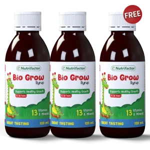 A bottle of Bio Grow Syrup with green leaves and roots emerging from the bottom.