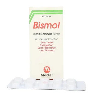 A pack of Bismol Tablets 265mg, with the medication name and dosage clearly visible.