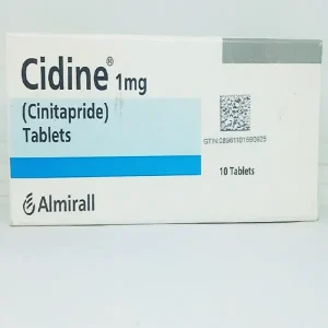 A pack of CIDINE Tablet 1mg, a medication for gastrointestinal disorders, displayed with tablets and a prescription bottle.