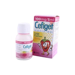 Bottle of Cefiget 100 mg/5 ml suspension against a white background.