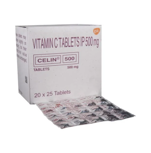 A pack of Celin 500 Tablets surrounded by fresh oranges, highlighting its vitamin C content and health benefits.