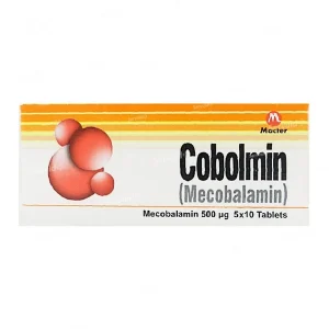 A pack of Cobolmin Tablet 500mcg, used for treating megaloblastic anemia due to vitamin B-12 deficiency and peripheral neuropathies, containing Mecobalamin as the active ingredient.