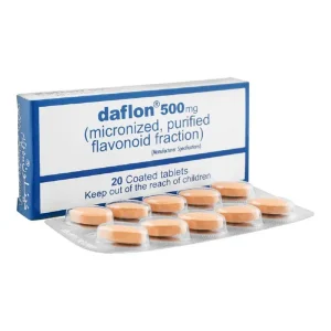 A blister pack of Daflon 500mg tablets, a medication for varicose veins and hemorrhoids.