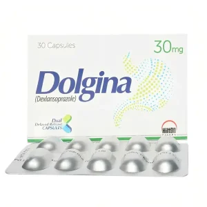 A blister pack of Dolgina 30mg capsules, with the capsules visible through the packaging.