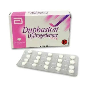 A blister pack of Duphaston tablets 10mg, with the tablets visible through the packaging.