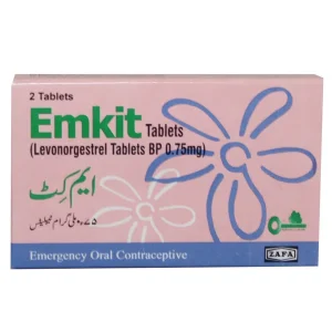 A blister pack of Emkit tablets, indicating the medication name and dosage, surrounded by scattered contraceptive pills.