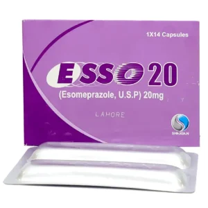 Esso 20mg Capsule - it, used to treat stomach and esophagus problems. Contains Esomeprazole, an antipeptic ulcerant. image shows a single capsule on a white surface