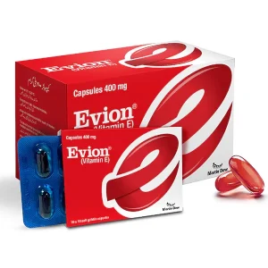 A bottle of Evion 600mg tablets, a vitamin E supplement with tocopheryl acetate, known for its antioxidant properties.