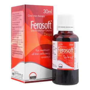 A bottle of Ferosoft syrup with a measuring spoon.