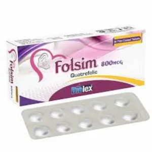 Blister pack of Folsim tablets with a green leaf symbolizing folate.