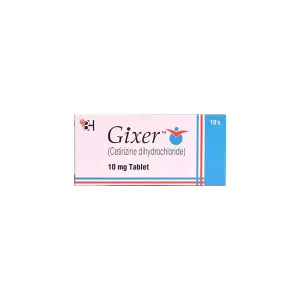 A pack of Gixer 10mg tablets by Barrett, containing Cetirizine (10mg), used as an antihistamine for relieving allergic symptoms.