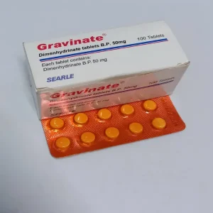 Blister pack of Gravinate Tablet 50mg against a white background.