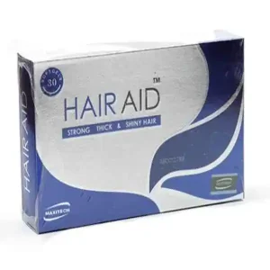 A pack of Hair Aid softgel capsules by Maxitech Pharma, containing Biotin and Vitamin E, used as a dietary supplement to improve the texture and appearance of hair, skin, and nails.