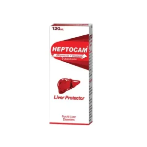 Heptocam Syrup, a hepatoprotective medication with herbal ingredients for liver support.