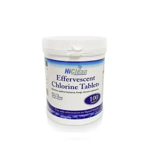 HiClean Effervescent Chlorine Tablet package with tablets