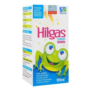 A bottle of Hilgas Syrup, a natural combination for quick relief from heartburn, indigestion, and flatulence, with added dietary fiber (Wheat Dextrin) for improved gut health.