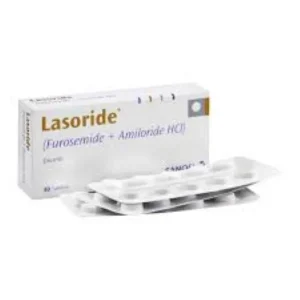 A pack of Lasoride tablets with two pills resting on top.