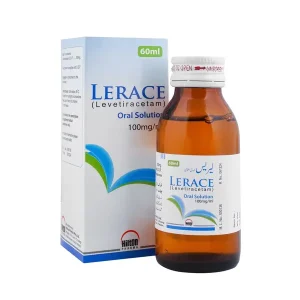 A bottle of Lerace oral solution, with a dosage measuring cap, against a white background.