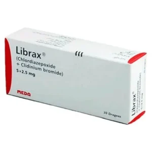 A blister pack of Librax tablets, with the medication name and dosage displayed.
