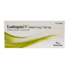 A blister pack of Lodopin-V 5mg/160mg tablets, with the tablets visible through the packaging.