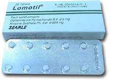 A blister pack of Lomotil 2.5mg tablets, with the medication name and dosage clearly visible.