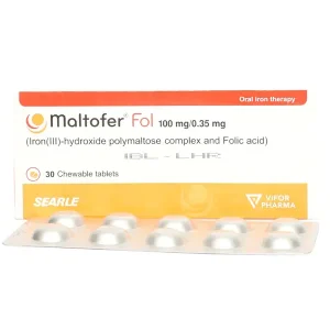 A pack of Maltofer Tablets from Pharmatec, a generic medication containing Iron Polymaltose, used for the prevention and treatment of iron deficiency anemia and various other conditions related to low iron levels.