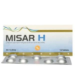 A blister pack of Misar H 80mg/12.5mg tablets, with the tablets visible through the packaging.