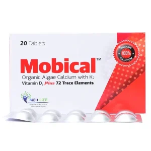 Image of Mobical Tablets 750mg, a bone supplement containing calcium, vitamin D, and other trace elements.
