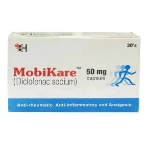 Mobikare capsule 50mg, containing Diclofenac Sodium for pain and inflammation. Image shows a pack of Mobikare capsules