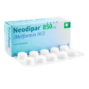 A blister pack of Neodipar tablets 850mg, with the tablets visible through the packaging.
