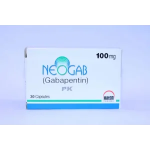 A blister pack of Neogab capsules 100mg, with the capsules visible through the packaging.