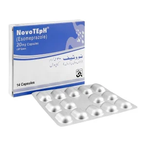 A blister pack of Novoteph 20mg capsules, with the capsules visible through the packaging.