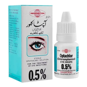 A pack of Optachlor Eye Drop drops by Remington, containing Chloramphenicol, used for the treatment of bacterial infections in the eyes.