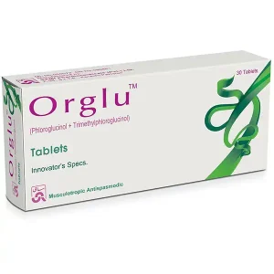 Orglu Tablets 80/80 mg, an anti-spasmodic medication containing phenol glucinol and trimethyl phenol glucinol.