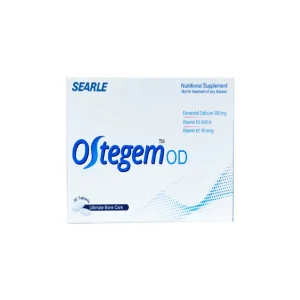 A blister pack of Ostegem OD tablets with calcium, vitamin D3, and vitamin K2 supplements.
