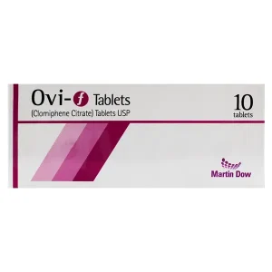 Image of Ovi-F 50mg Tablet, a medication for female infertility, containing 50mg of clomiphene.