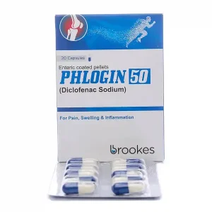 A pack of Phlogin Capsule 50mg, a prescription medication containing Diclofenac Sodium, used to treat pain and inflammation.