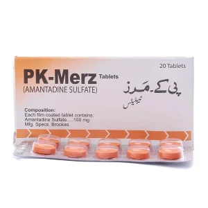 A bottle of Pk-Merz Tablets 100mg, with the tablets visible inside.