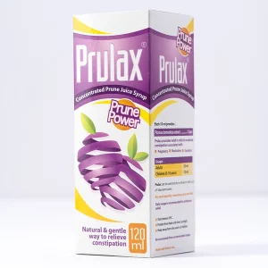 A bottle of Prulax syrup, a natural and safe laxative for providing relief in mild to moderate constipation, associated with pregnancy, medication, and geriatrics, and safe for pregnant or lactating women.