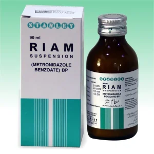A bottle of Riam Suspension 200 mg, 90 mL, surrounded by scattered tablets.