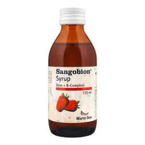 A bottle of Sangobion syrup 120ml with a measuring cap and label.