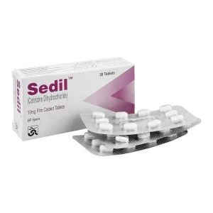A blister pack of Sedil Tablets 10mg, with tablets visible through the packaging.