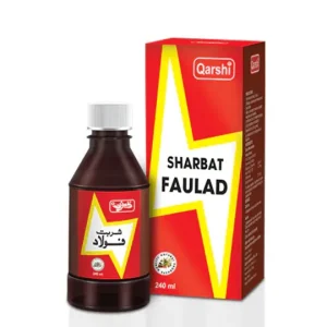 A bottle of Qarshi Sharbat Faulad 240ml syrup, an Unani and Ayurvedic herbal tonic containing iron compound solution,