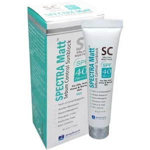 A tube of Jenpharm's Spectra Matt SC SPF 40 sunblock, showcasing its packaging and texture, with a focus on its sebum control formula and SPF 40 protection.