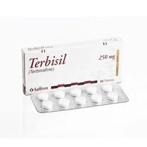 A blister pack of Terbisil 250mg tablets, a medication for fungal infections affecting nails and scalp hair follicles.