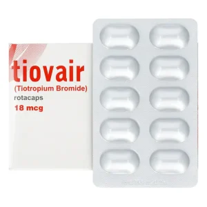 A pack of Tiovair 18mcg Rotacapsules by Highnoon, containing Tiotropium (18mcg), used for the treatment of chronic obstructive pulmonary disease (COPD) and asthma,