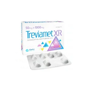 A blister pack of Treviamet XR tablets, with the tablets visible through the packaging.
