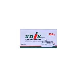 A blister pack of Unix 100mg tablets - a medication for pain relief.