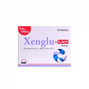A blister pack of Xenglu-Met tablets 5 mg / 1000 mg, with the tablets visible through the packaging.