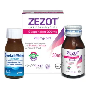 Bottle of Zezot 200mg suspension with a measuring cup.